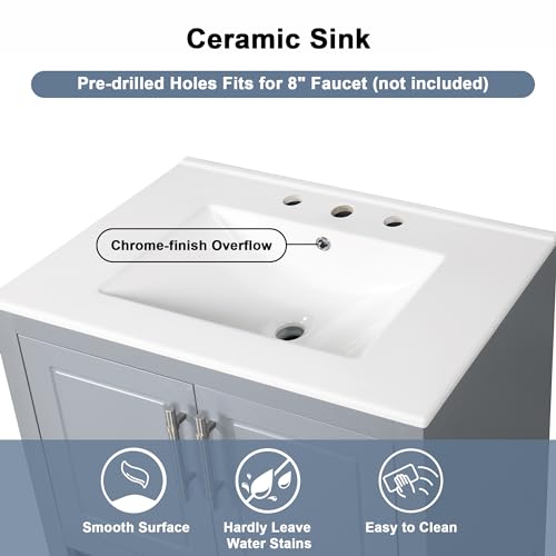 Bathroom Vanity with Sink and Storage Cabinet, Solid Wood Frame, White K2125