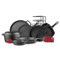 Cast Iron Cookware Set - 17-Piece Pre-Seasoned Kit - 8" Skillet + 10"+12" Skillets with Glass Lid + Grill Pan + Multi-Cooker/Dutch Oven + Flat Griddle + Pizza Pan + Pan Rack Organizer - Indoor/Outdoor