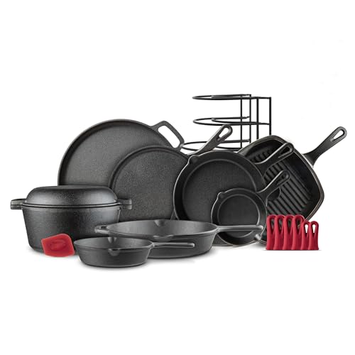 Cast Iron Cookware Set - 17-Piece Pre-Seasoned Kit - 8" Skillet + 10"+12" Skillets with Glass Lid + Grill Pan + Multi-Cooker/Dutch Oven + Flat Griddle + Pizza Pan + Pan Rack Organizer - Indoor/Outdoor