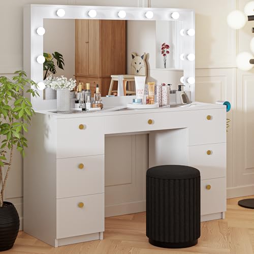 Boahaus Lyra LARGE Makeup Vanity Desk with Lights, 7 Drawers, Black Vanity Mirror with Lights Built-in, Drawer with Jewelry Divider, Power Outlet, Gold Crystal Ball Knobs, 56'' H x 46.3'' W x 14.6'' D