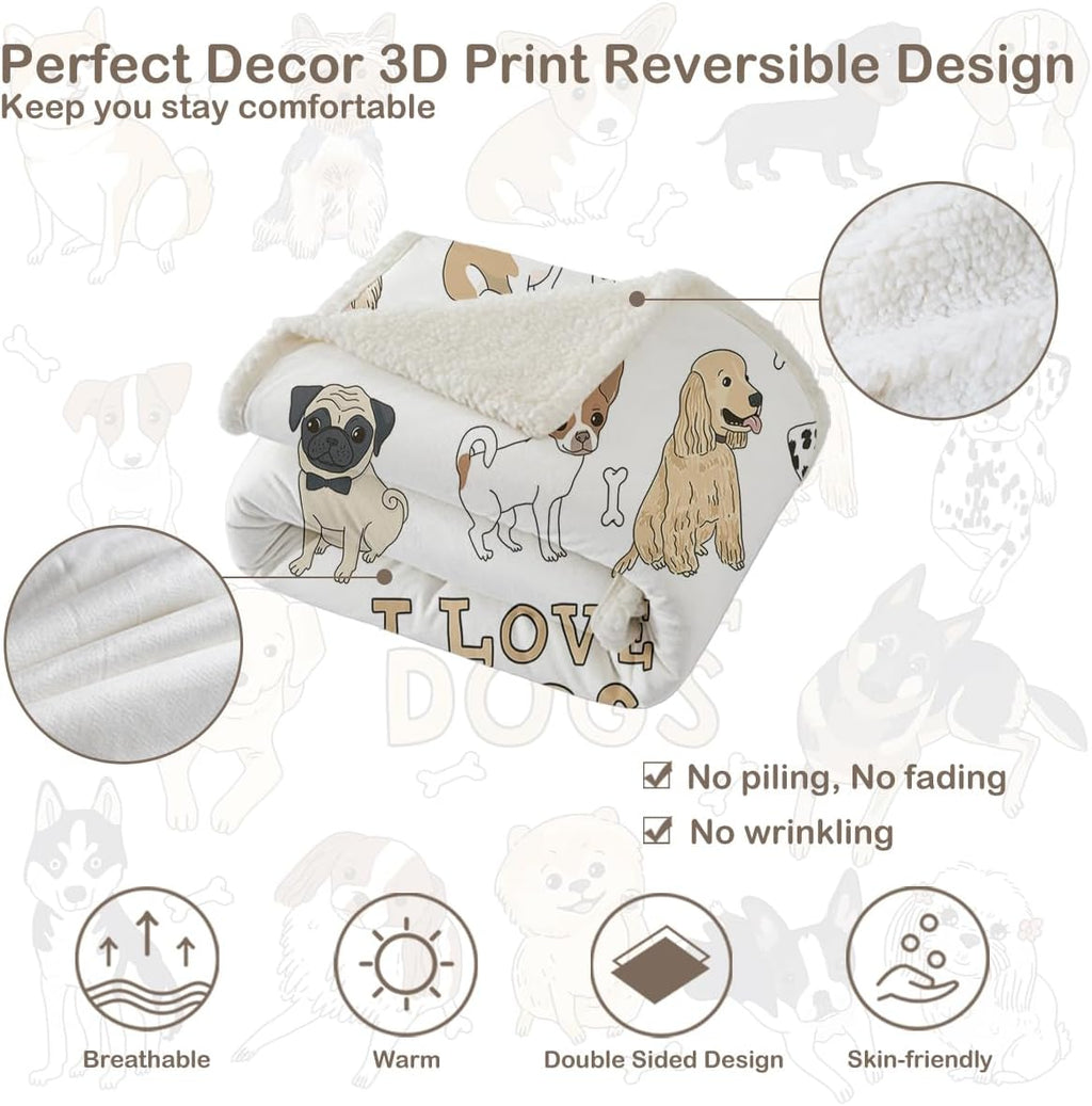 Puppy Print Sherpa Blanket Soft Reversible Throw for Bed Sofa R158087