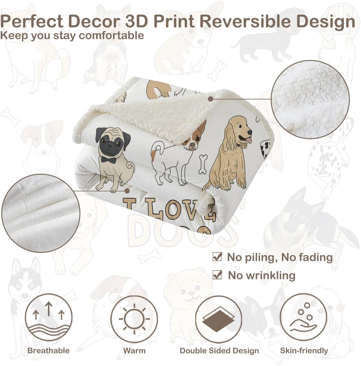 Puppy Print Sherpa Blanket Soft Reversible Throw for Bed Sofa R158087