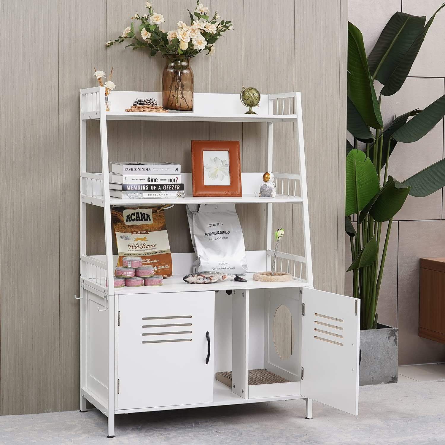 Hidden Cat Litter Box Enclosure Furniture with Shelf Storage and 2 Doors, Wooden Cat Cabinet Sturdy Cat Washroom with Scratch Pad White