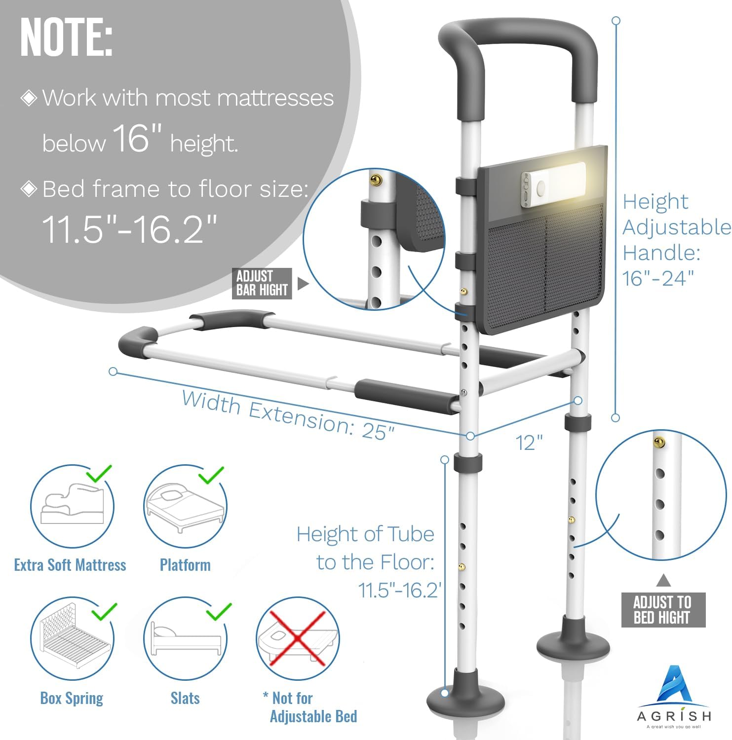 Bed Rails for Elderly Adults with Motion Light and Storage Pouch W23329