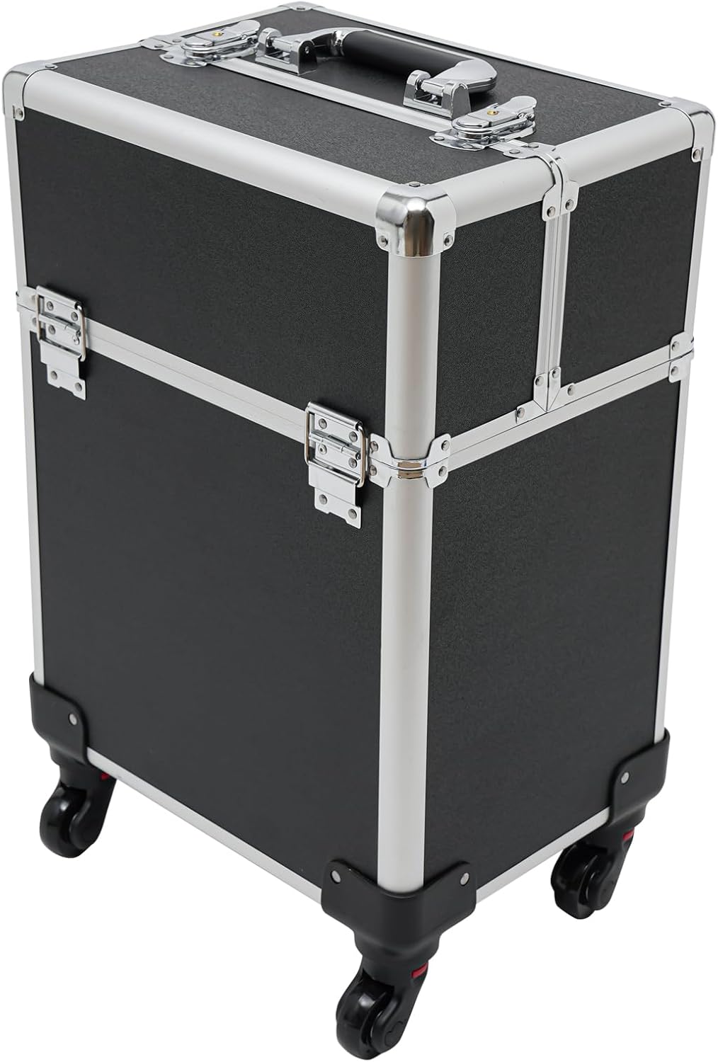 4 in1 Rolling Makeup Case Cosmetic Train Case with 4 Trays, Makeup Cart Barber Case Traveling Trunk with Locks for Professional Make-up Artists, Hairdressers, Nail Technicians