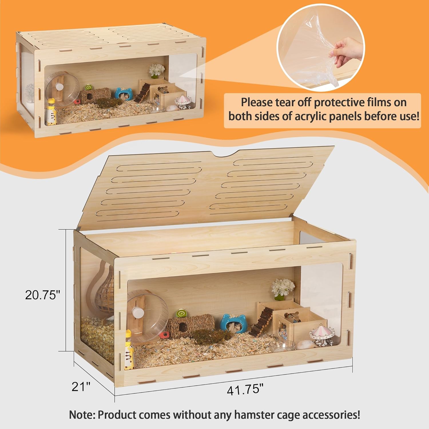 Wooden Hamster Cage, 40" Large Habitat with Openable Top & Acrylic Sheets F29998