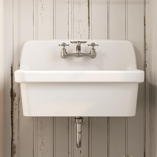 ELLAI Wall Mounted Laundry Sink Floating Utility Sink White Porcelain Ceramic 10 Gallon Washing Tub Slop Sink 24" x 19" x 16.5" for Laundry Room, Garage, Workshop, Washing Room, Basement