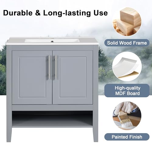 Bathroom Vanity with Sink and Storage Cabinet, Solid Wood Frame, White K2125
