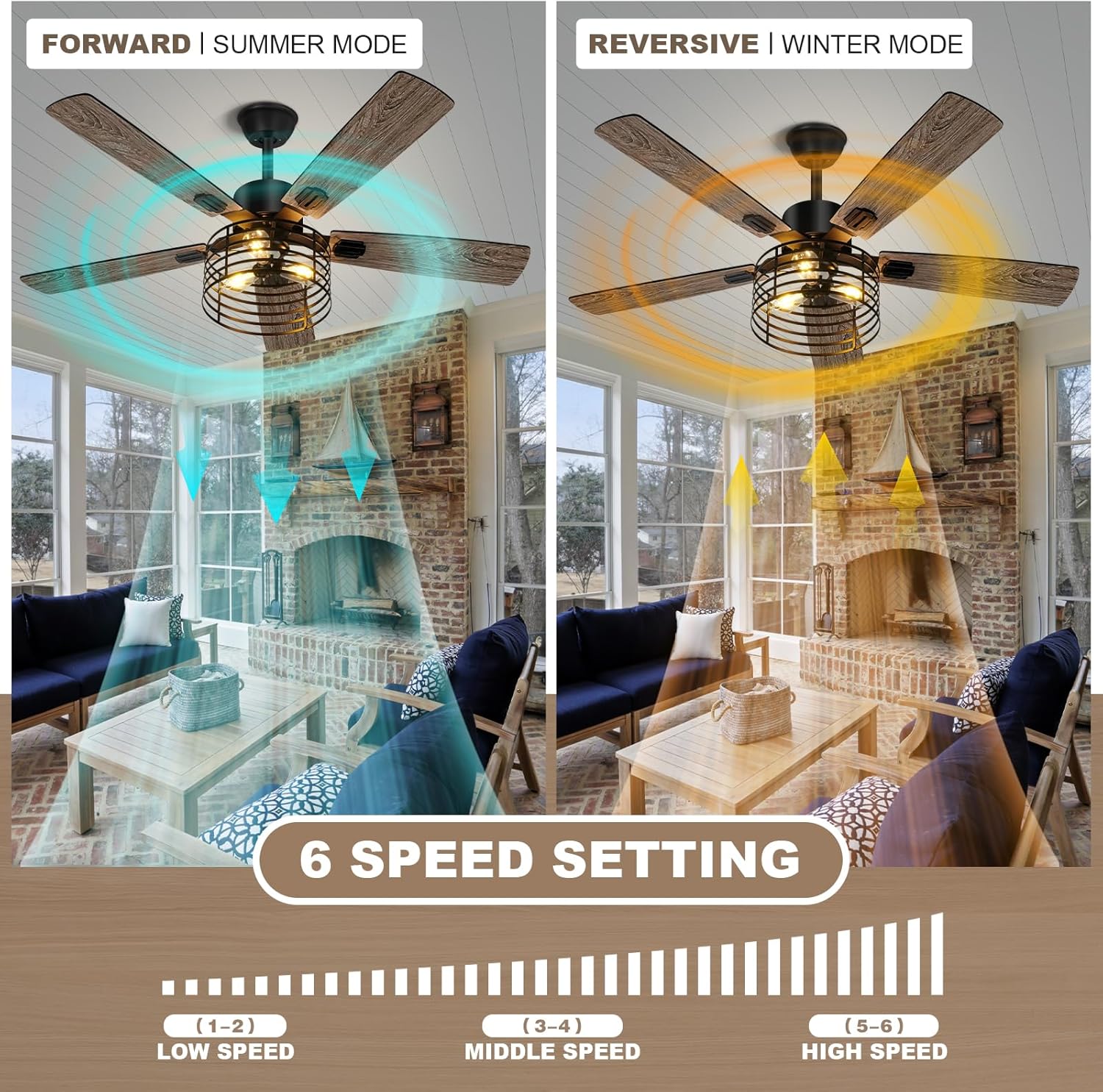 52 Inch Farmhouse Ceiling Fan with Light and Remote, Rustic Caged Design K281575
