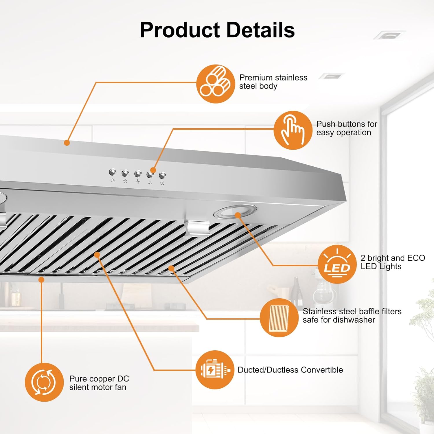 Under Cabinet Range Hood 30 Inch Stainless Steel, Ductless or Ducted, 600 CFM with LED Lights H814