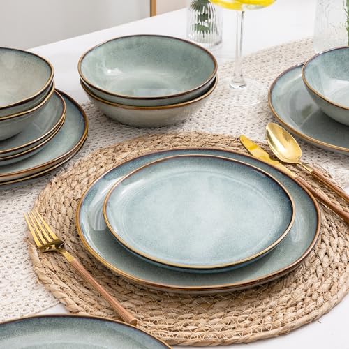 Ceramic Dinnerware Set, Reactive Glaze Plates and Bowls, 24-Piece Service for 8 Y416