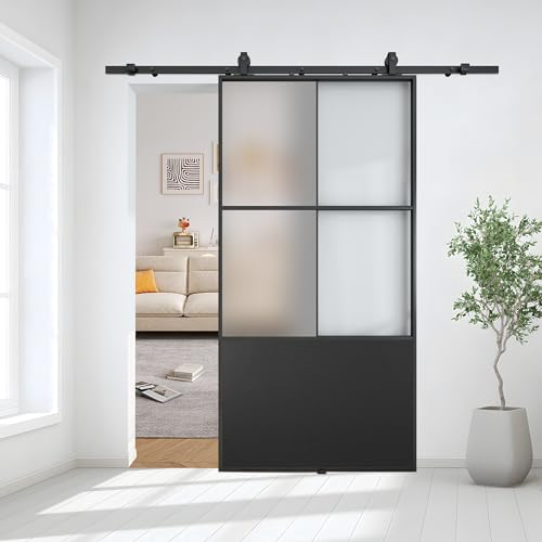 JUBEST 30" x 84" Glass Sliding Barn Door with Top Mounted Hardware Kit Included, 3-Panel Aluminum Frame and Frosted Tempered Glass French Door, Black Sliding Door, Easy to Install