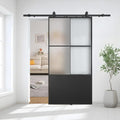 JUBEST 30" x 84" Glass Sliding Barn Door with Top Mounted Hardware Kit Included, 3-Panel Aluminum Frame and Frosted Tempered Glass French Door, Black Sliding Door, Easy to Install