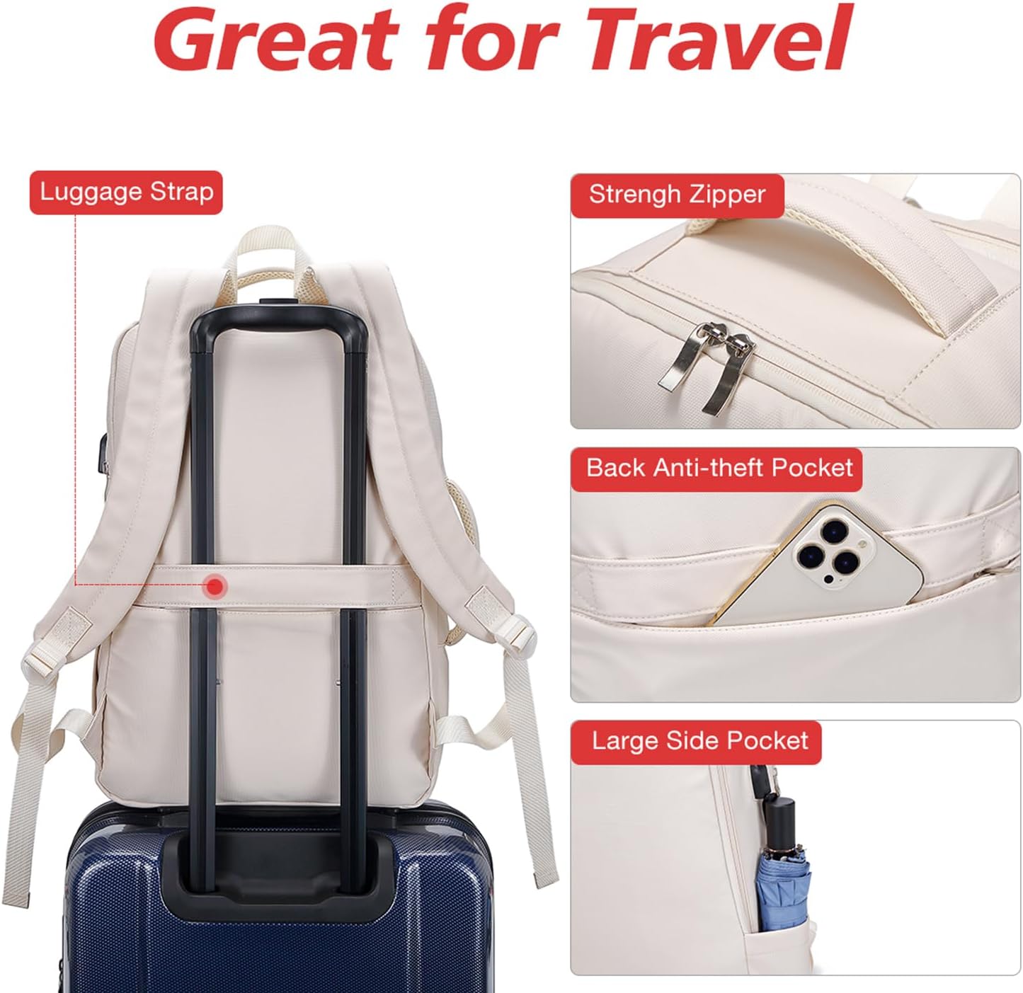 Travel Backpack for Women, Underseat Carry On, Waterproof with Charging Port S3234