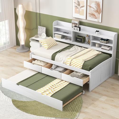 Harper & Bright Designs Twin Size Captain Bed with Built-in Bookshelves/3 Storage Drawers/Trundle, Wooden Twin Daybed Bed Frame for Kids Teens Dorm Bedroom Multipurpose Guest Room, White Wash