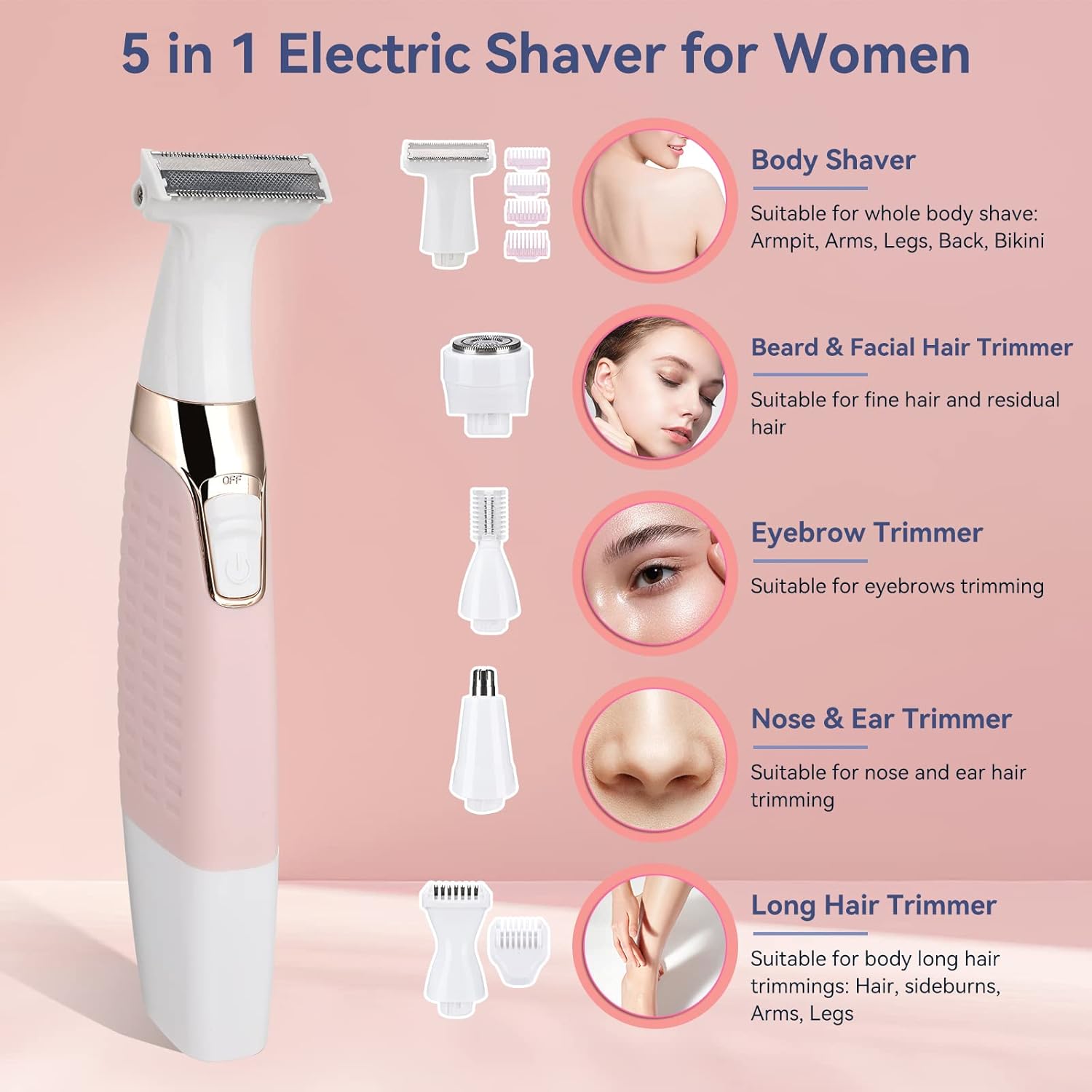 Face Razors for Women, Bikini Trimmer 5 in 1 Wet/Dry Electric Shaver for Face, Nose, Eyebrow, Body Z890