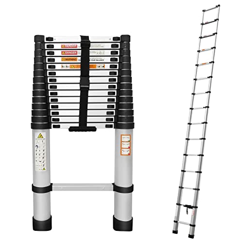 Telescoping Ladder 20.3ft Aluminum Extension Folding Ladder with 2 Hooks, 330lbs Max Load, with Anti-Slip Rubber Feet, Folded Height 3.4ft, Weight 36lbs, Portable Attic Ladder Easy to Transport