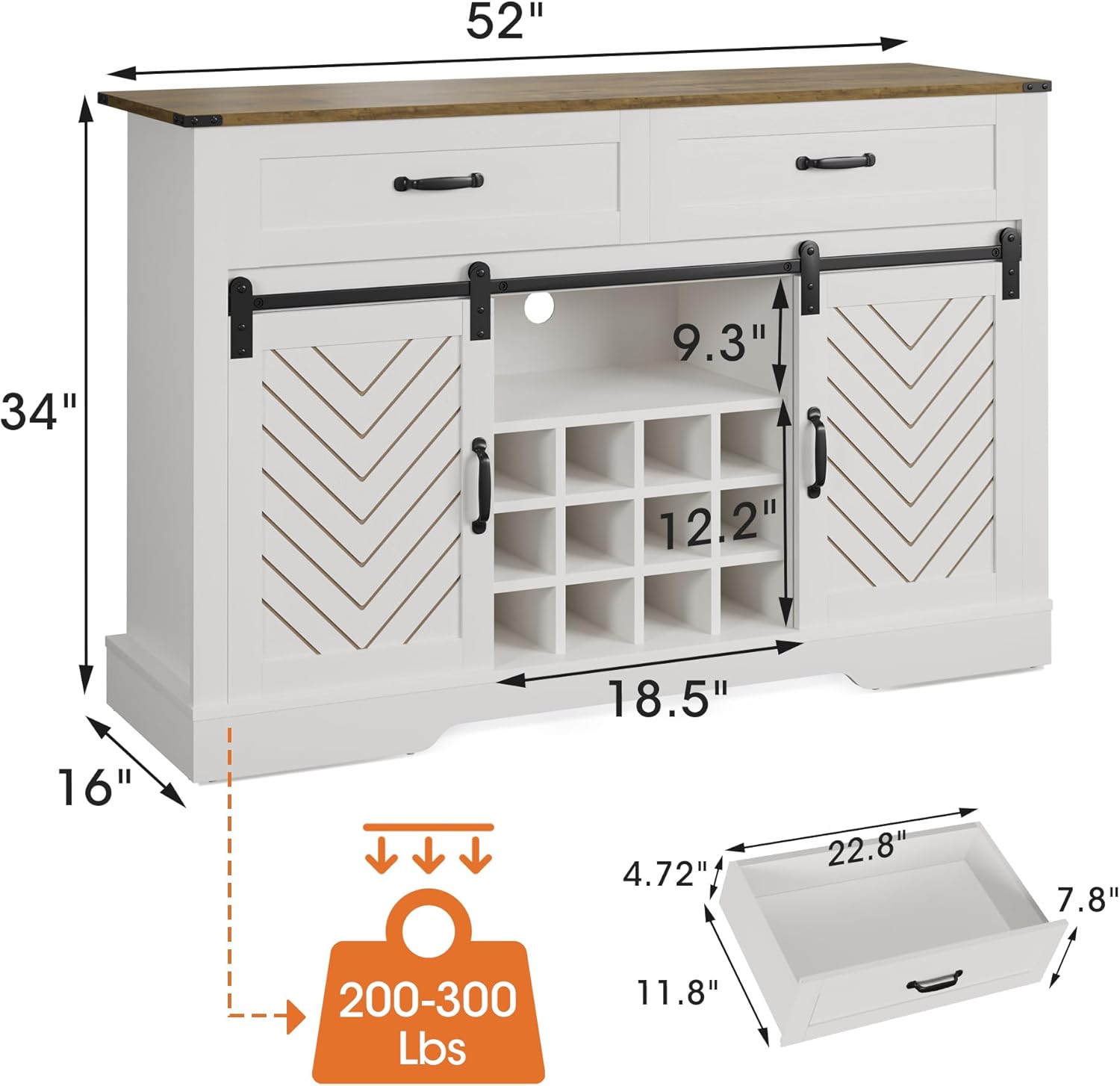 Sliding Barn Door Sideboard Buffet Cabinet with Wine Rack, White & Oak Y496
