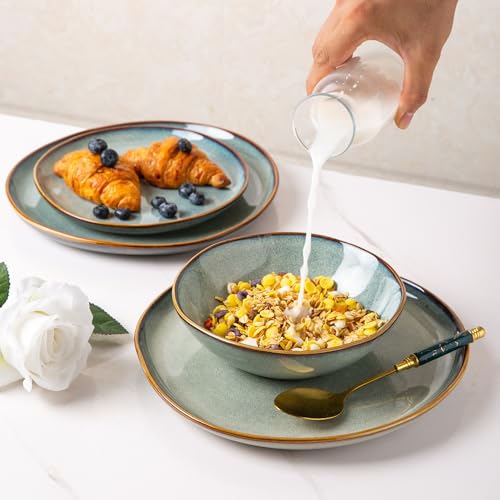 Ceramic Dinnerware Set, Reactive Glaze Plates and Bowls, 24-Piece Service for 8 Y416