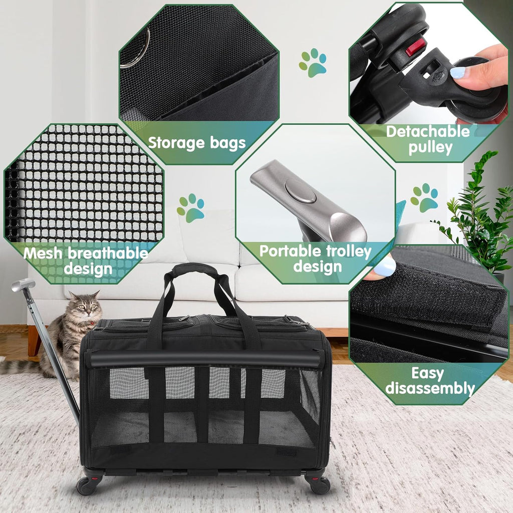 Rolling Pet Carrier for Two Cats, Double Compartment, Large Travel Carrier Y682