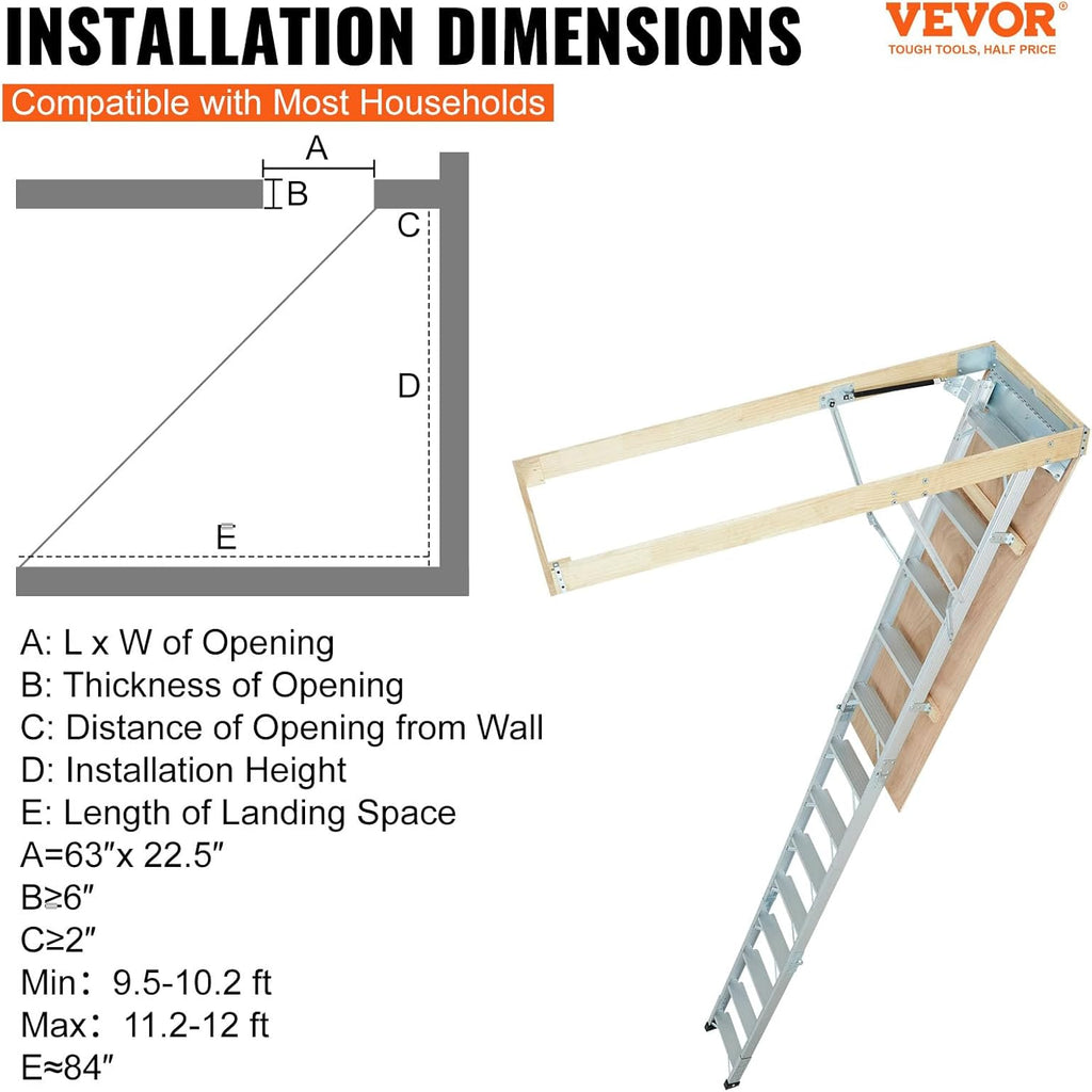 Attic Ladder Foldable, 350-pound Capacity, Aluminum, Fits 9.5'-12' Ceiling Heights I77732