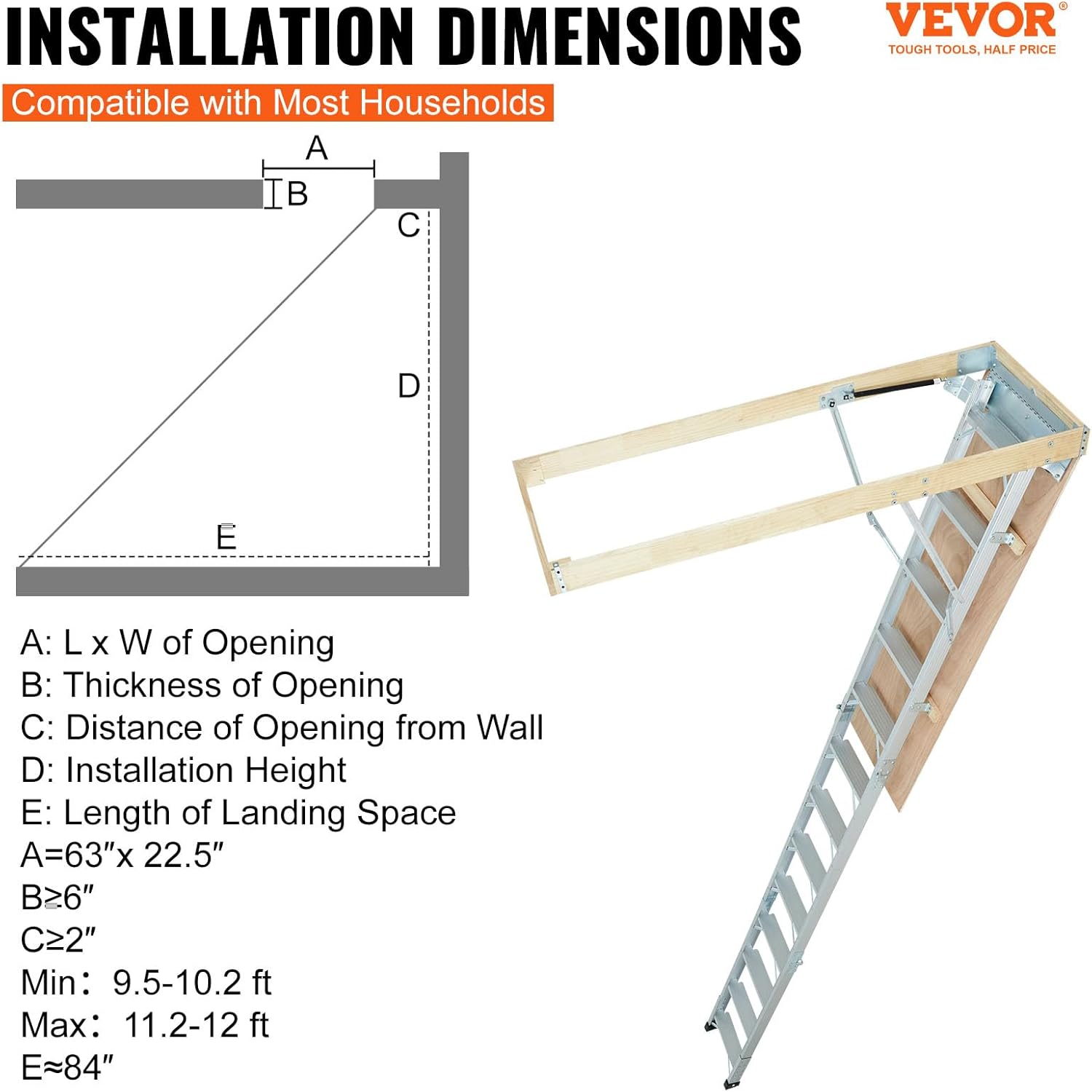 Attic Ladder Foldable, 350-pound Capacity, Aluminum, Fits 9.5'-12' Ceiling Heights I77732