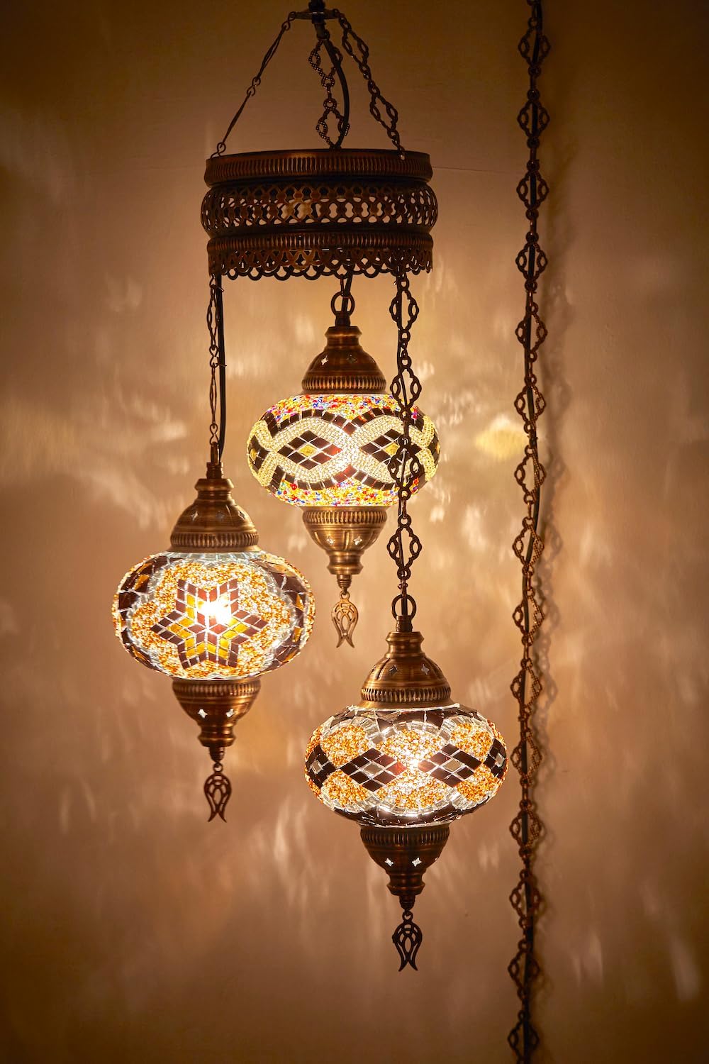 Turkish Moroccan Mosaic Plug In Chandelier, Boho Ceiling Hanging Lamp, 15ft Cord, 3 Globes P769480