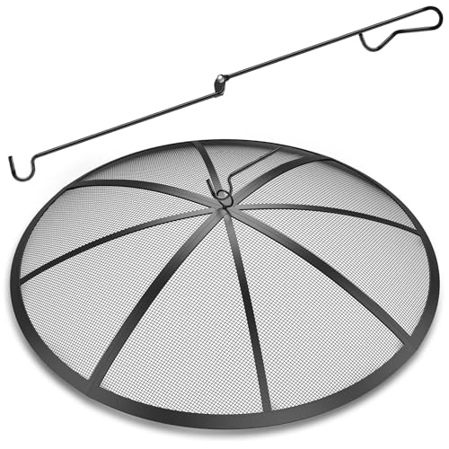 Fire Pit Spark Screen, 27 Inch Collapsible Outdoor Cover with Handle & Poker V1508