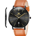 OLEVS Mens Watches Minimalist Ultra Thin Fashion Casual Analog Quartz Date Watch Waterproof Slim Simple Big Face Dress Wrist Watch with Retro Leather Band for Men