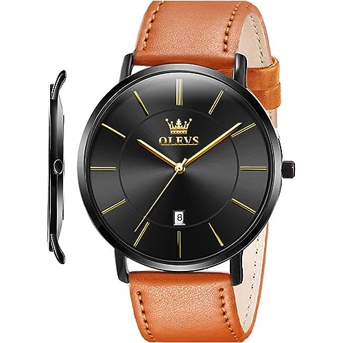 OLEVS Mens Watches Minimalist Ultra Thin Fashion Casual Analog Quartz Date Watch Waterproof Slim Simple Big Face Dress Wrist Watch with Retro Leather Band for Men