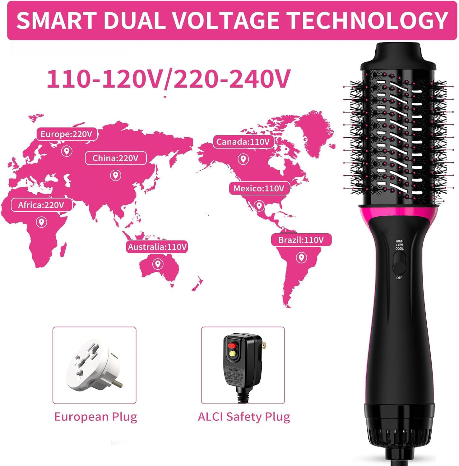 Hair Dryer Brush for European Travel, 2-in-1 Volumizer with Negative Ion Anti-frizz W627