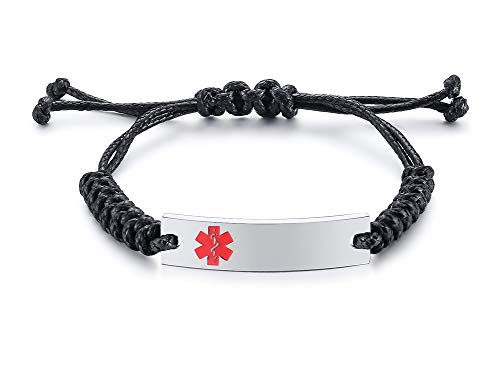 VNOX Free Custom Engraving Braided Rope Emergency Medical Alert ID Identification Bracelet for Women Men Kids,4-9 Inches