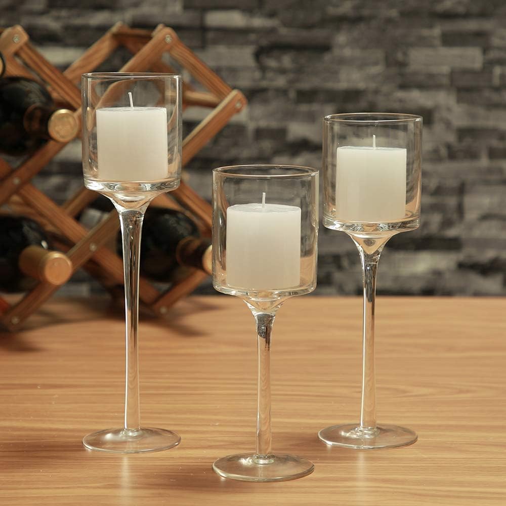 Set of 3 Tall Clear Glass Candlestick & Tealight Holders for Table Centerpiece Decor O2697