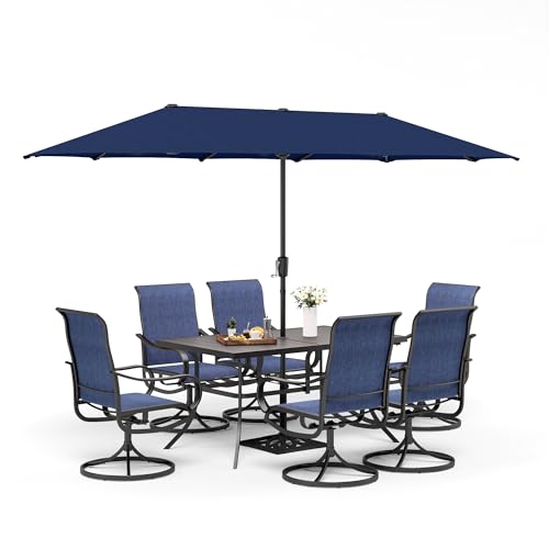 MFSTUDIO 8 Piece Patio Dining Set with Umbrella, All Weather Outdoor Furniture Set with 6 Grey Sling Swivel Chairs, 1 Rectangular Metal Table and 1×13 FT Beige Outdoor Umbrella(Base Not Included)
