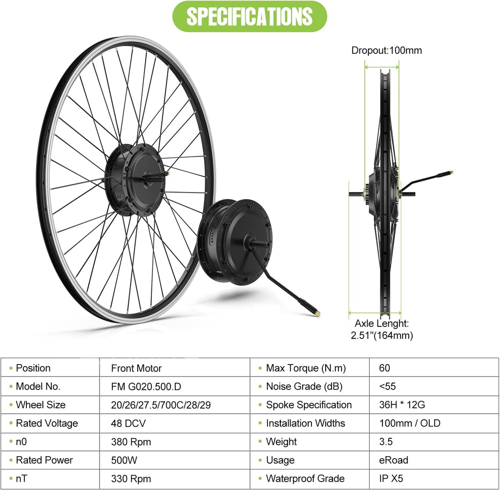 Electric Bike Conversion Kit 48V 500W Front Hub Motor for 26 Inch Wheel I2452