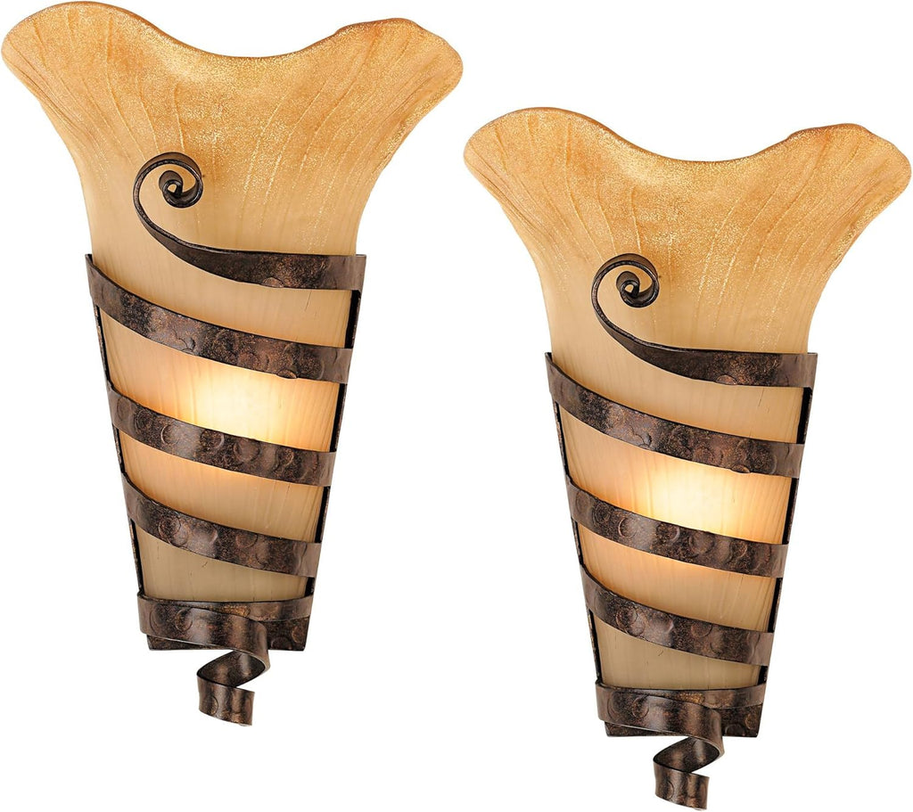 Franklin Iron Works Solara Farmhouse Rustic Wall Light Sconces Set of 2 Rust Hardwired 10" Fixture Iron Ribbon Scavo Art Glass for Bedroom Bedside Bathroom Vanity Living Room Hallway Dining House