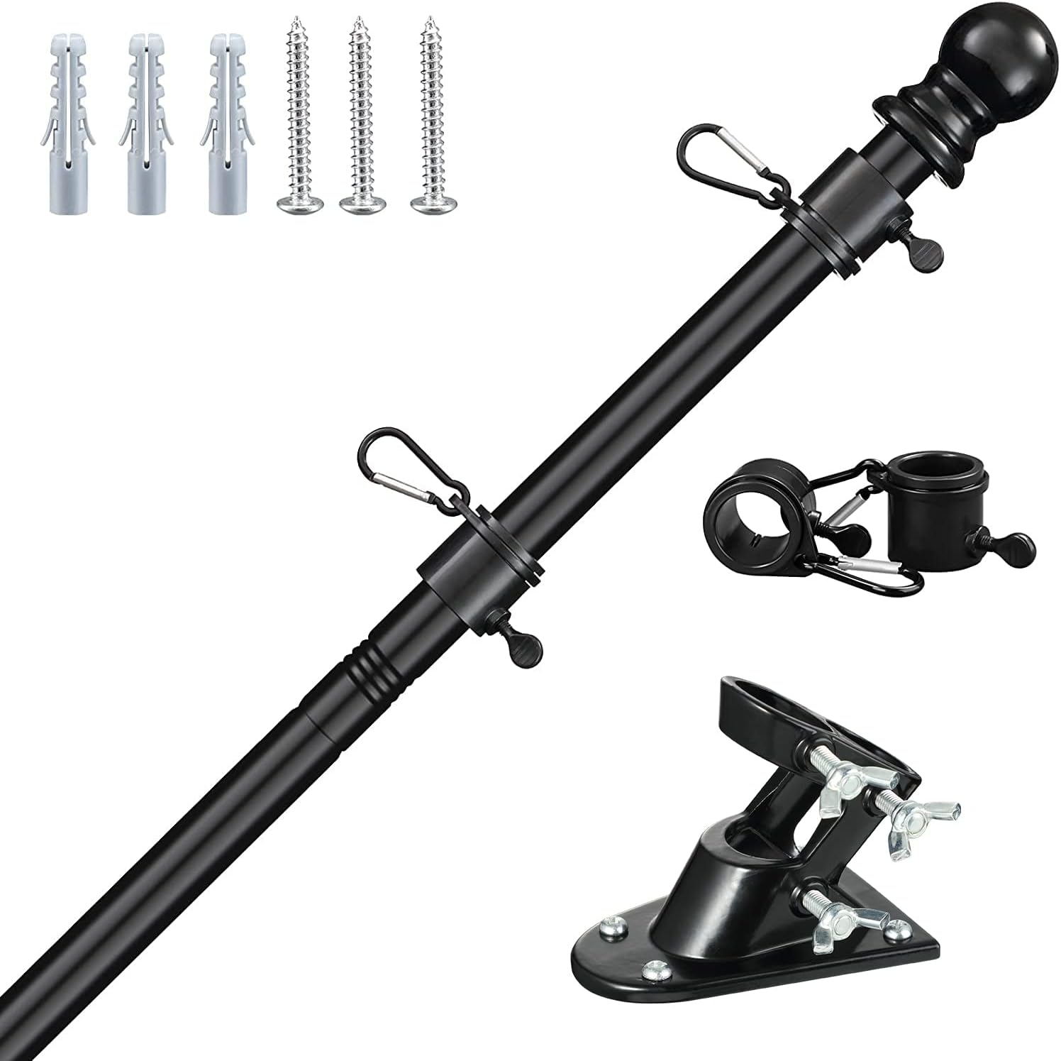 Flag Poles for Outside House, 6FT Flag Pole Kit for American Flag - Residential and Commercial Flagpole for House Garden Yard - Professional Metal Flag Pole with Two-Position Bracket Holders Black