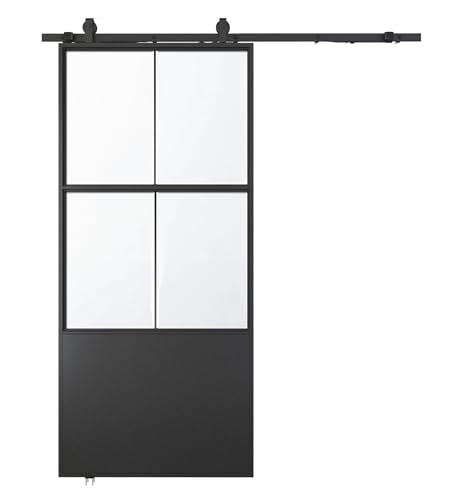 30" x 84" Glass Sliding Barn Door with Top Mounted Hardware Kit, 3-Panel Aluminum Frame, Frosted Tempered Glass, Black N5680