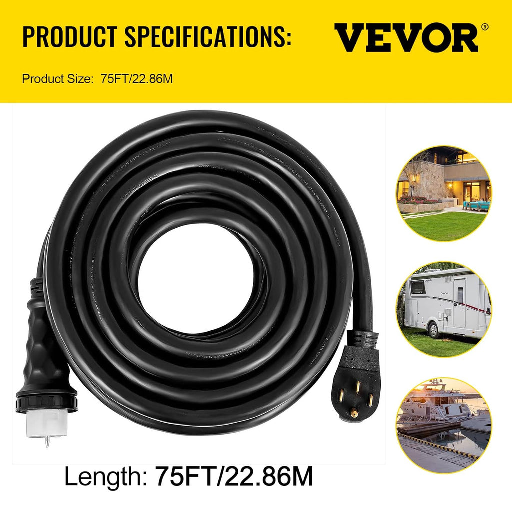 50 ft 50 Amp Generator Extension Cord 4 Wire 8 Gauge 125V 250V Twist Lock Connectors H470356