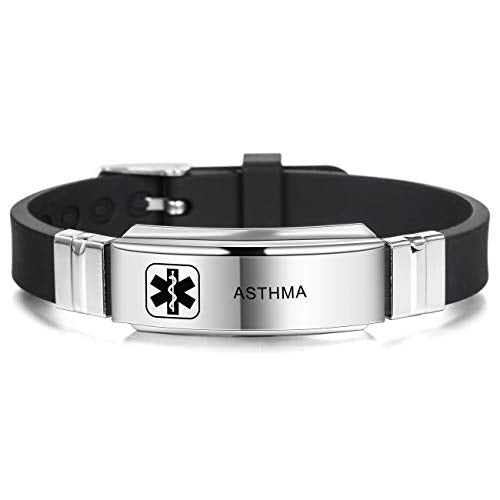 Bracelet Custom Engraved Silicone Adjustable Sport Name ID Identification Alert Medical Bracelet for Men Women Stainless Steel Rubber- (Bundle with Emergency Card, holder)