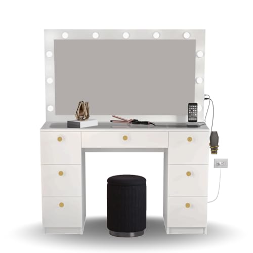 Makeup Vanity Desk with Lights, 7 Drawers, Black Mirror, Power Outlet J554
