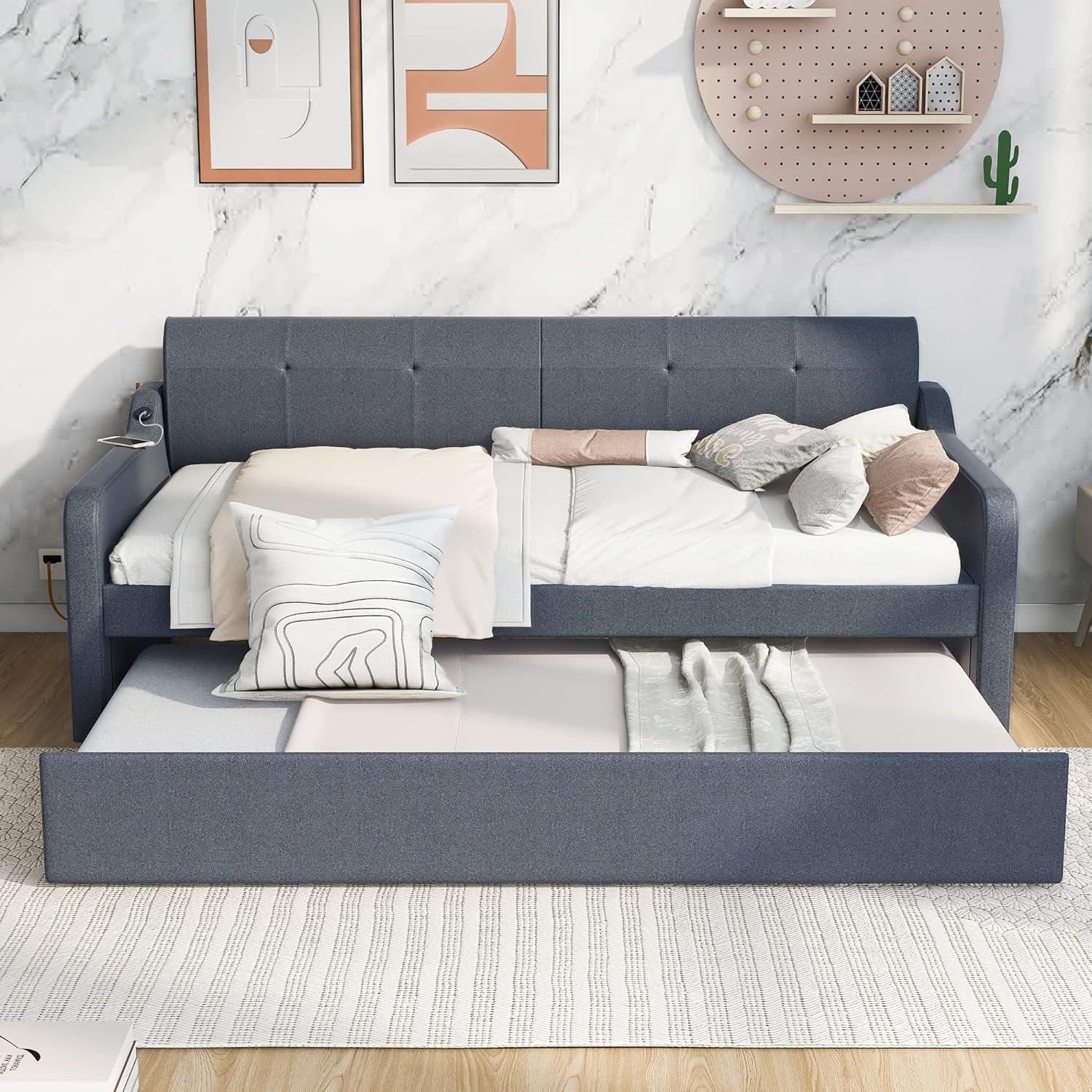 Upholstered Daybed with Trundle and USB Charging, Extendable Sofa Bed Frame A685934