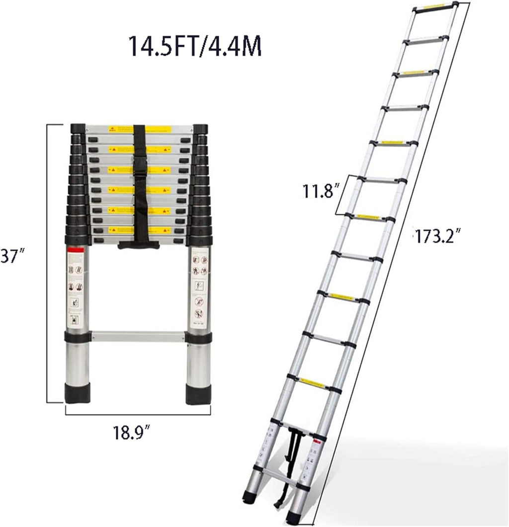 Telescopic Extension Ladder, One-Button Retraction, 330 lbs Capacity, 14.5 FT F558