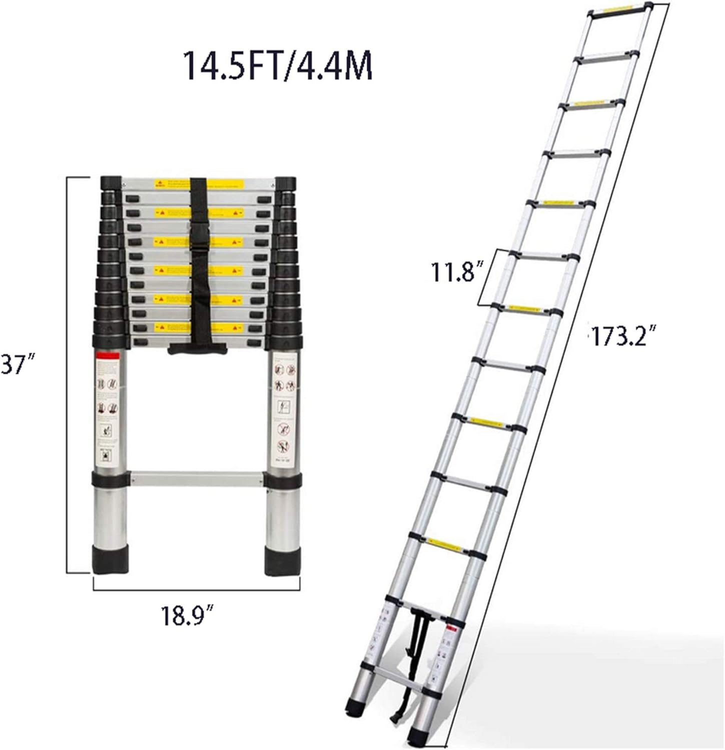 Telescopic Extension Ladder, One-Button Retraction, 330 lbs Capacity, 14.5 FT F558