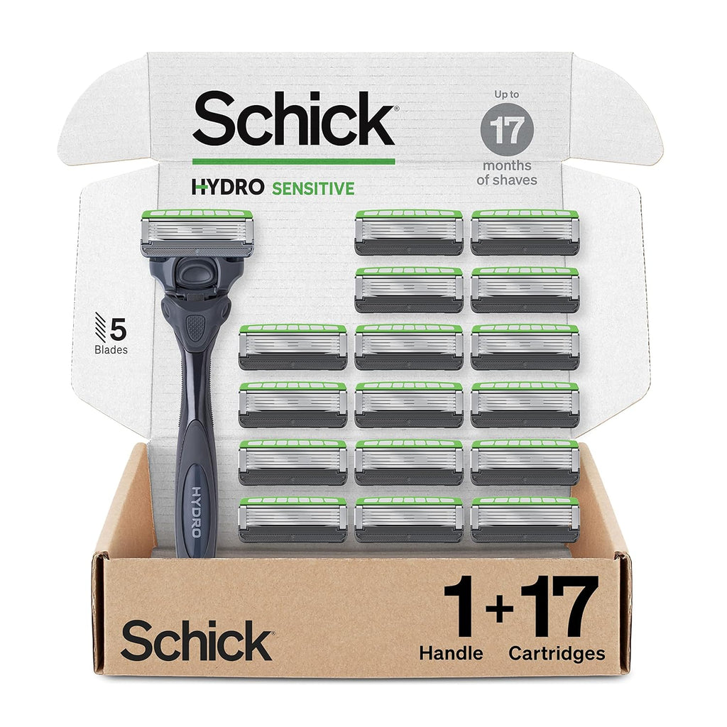 Schick Hydro Sensitive Razor, 1 Razor Handle and 17 Cartridges | Razors for Men Sensitive Skin, 5 Blade Razor Men, Mens Razors for Shaving, Razor Blades for Men, 1 Handle with 17 Razor Blades Refills
