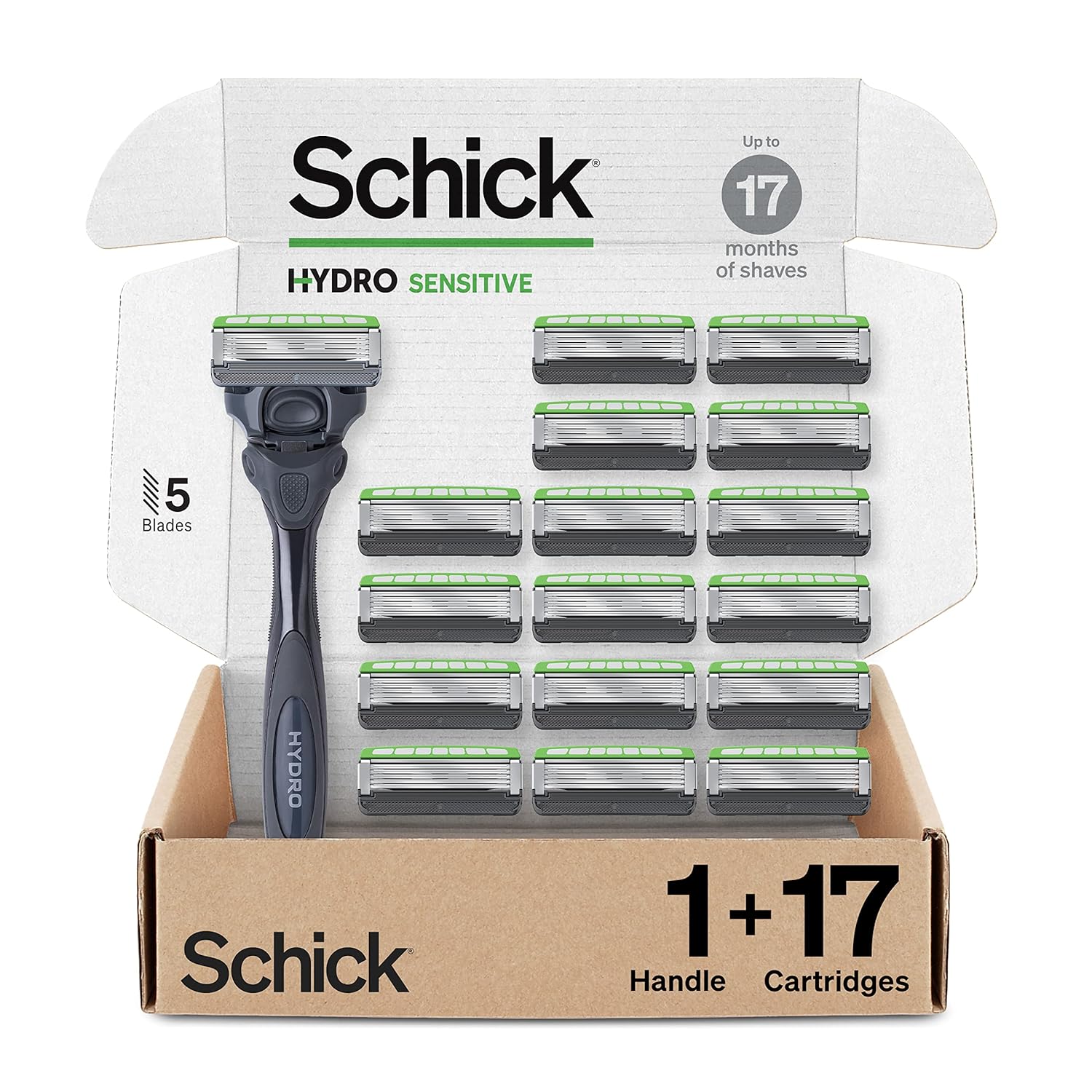 Schick Hydro Sensitive Razor, 1 Razor Handle and 17 Cartridges | Razors for Men Sensitive Skin, 5 Blade Razor Men, Mens Razors for Shaving, Razor Blades for Men, 1 Handle with 17 Razor Blades Refills