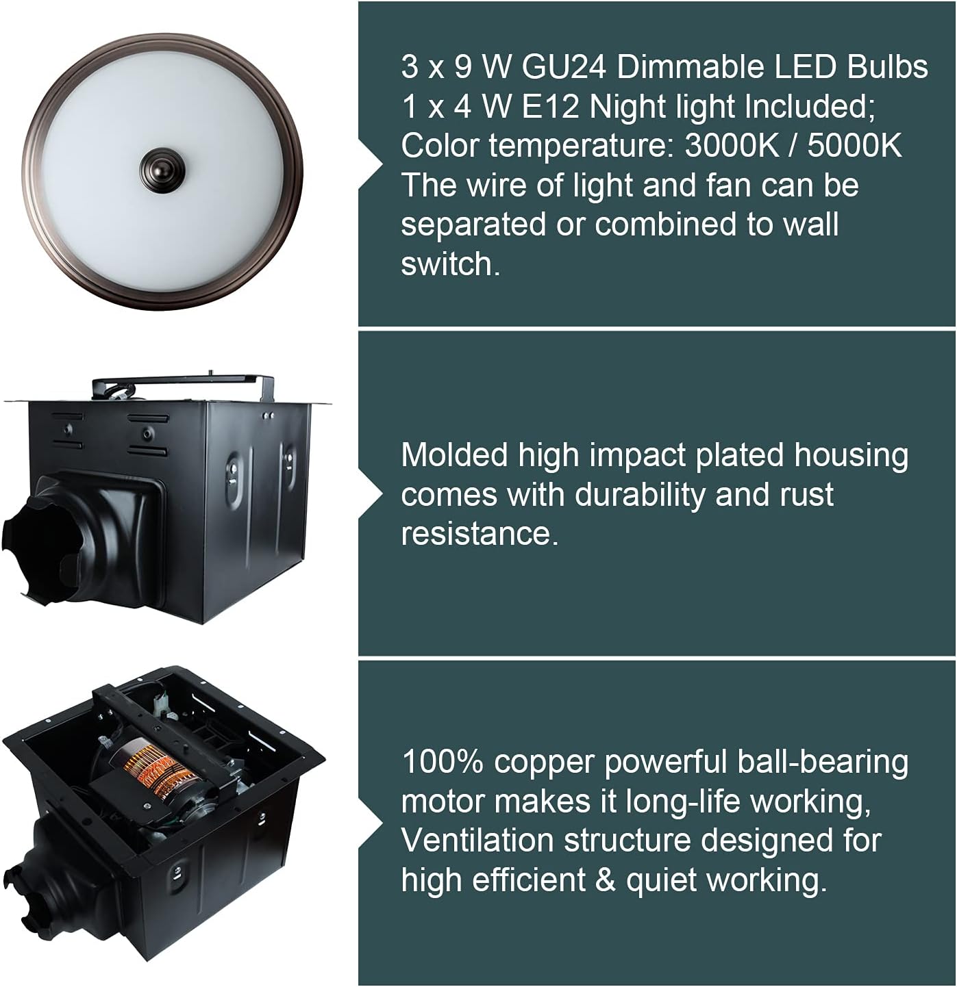 Round Exhaust Bathroom Fan with Warm Light and Nightlight A360