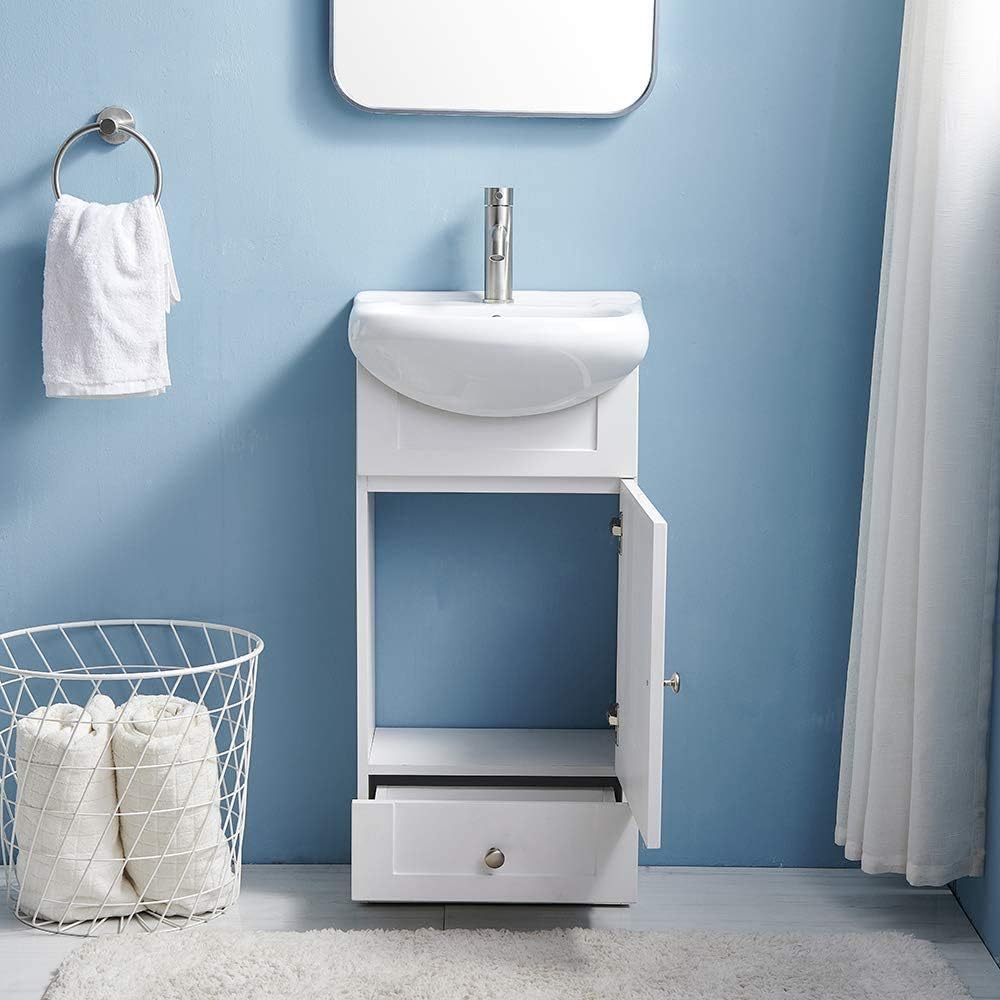 Small Bathroom Vanity with Sink, White, Narrow Cabinet A6958