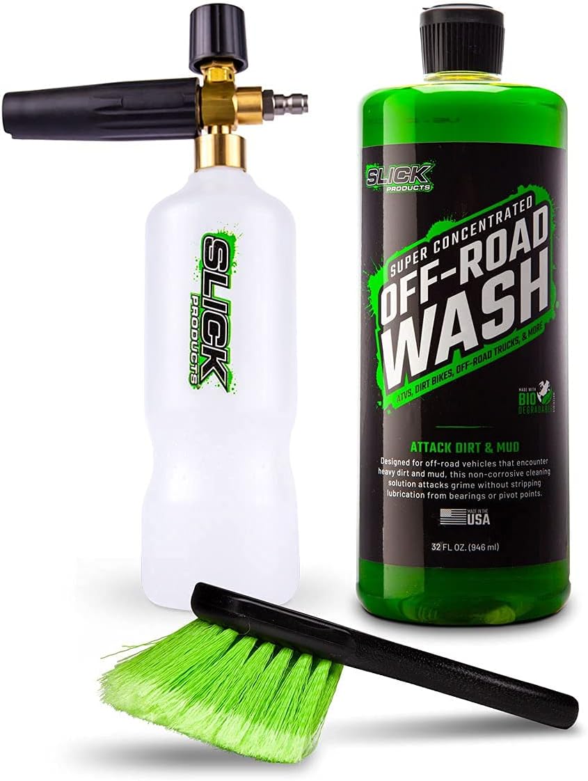Slick Products Pressure Washer Foam Cannon, Scrub Brush, and Off-Road Wash Super Concentrated Extra-Thick Soap Removes Heavy Dirt and Mud From Dirt Bike, ATV, UTV, Side x Side, and Truck (32 oz.)