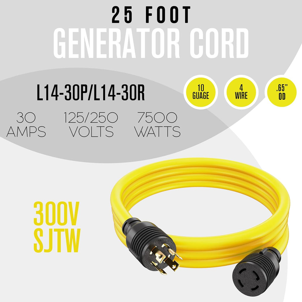 30 Amp Generator Cord 4 Prong 25 Ft 125-250V 7500W NEMA L-14-30P P927